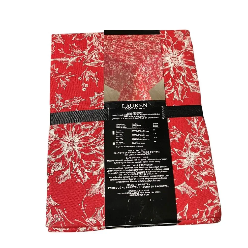 Ralph Lauren Tablecloth 60x84 Red‎ Christmas Festive Rectangle Poinsettia Cotton